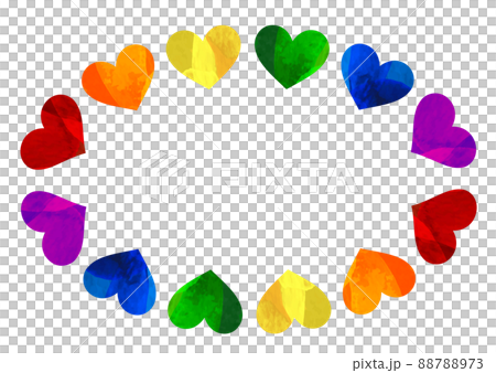 Illustration of an oval frame with 6 rainbow-colored hearts_Background material 88788973