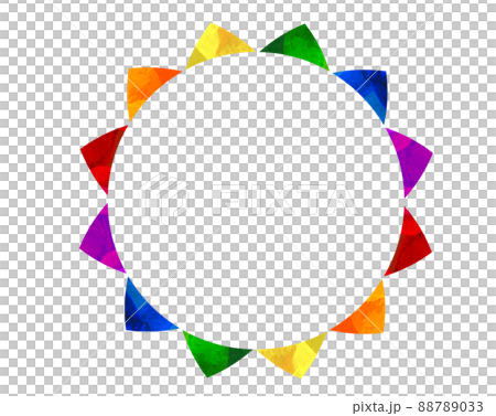 Illustration of a circular frame lined with garland of 6 rainbow-colored triangular flags_background material Illustration of a circular frame lined with garland of 6 rainbow-colored triangular flags_background material 88789033