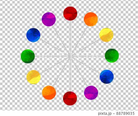 6色の虹色のドットが広がる円形の時計版のイラスト 背景素材のイラスト素材 7035