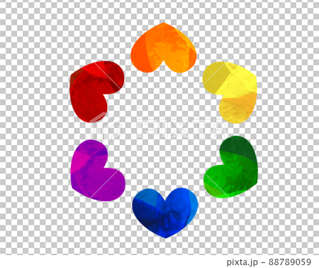 6色の虹色の花のように広がるハートの集まり_円形のフレームのイラスト_背景素材 88789059