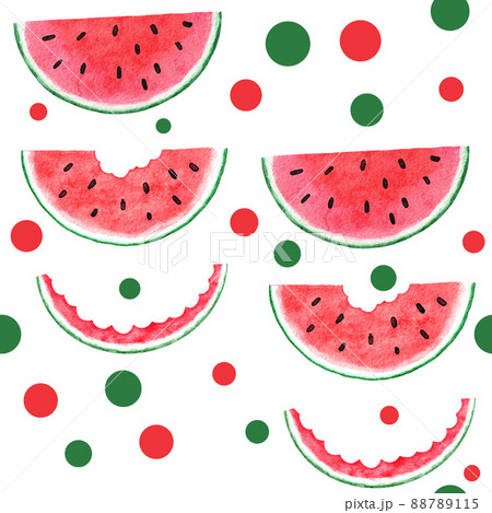 Watercolor hand drawn seamless pattern with watermelon fruit, red green tropical food, bright summer holiday background. Juicy frech natural plant design with geometric elements. Watercolor hand drawn seamless pattern with watermelon fruit, red green tropical food, bright summer holiday background. Juicy frech natural plant design with geometric elements. 88789115