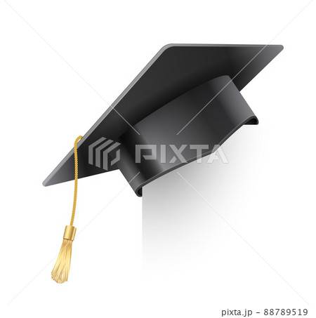 Vector realistic mortar board hat with golden tassel. Graduation cap. University graduation black hat. Academic education symbol, high University bachelor headware Vector realistic mortar board hat with golden tassel. Graduation cap. University graduation black hat. Academic education symbol, high University bachelor headware 88789519