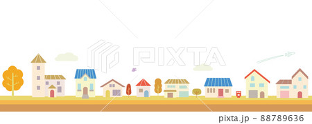シンプルな家と秋の住宅地の街並みベクターイラスト シンプルな家と秋の住宅地の街並みベクターイラスト 88789636