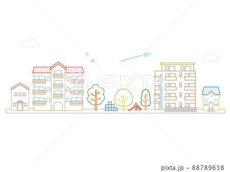 シンプルな線の家と住宅地の街並みベクターイラストのイラスト素材 7638