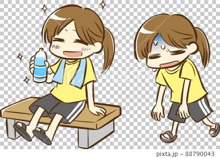 夏の暑さでぐったり→水分補給して元気になる女の子 88790043