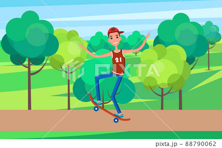 Skateboarder Training in Green Skatepark with Tree 88790062