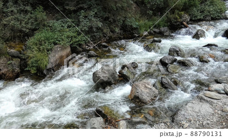 Mountain river. Fast stream moving among rocks. White foam flow, green moss on stones. Wild nature. 88790131