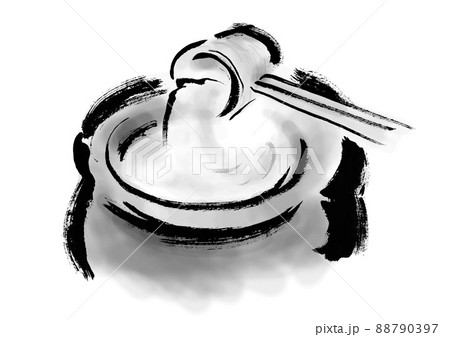 カメに入った水かお酒を掬う手描き和風イラスト　モノクロ 88790397