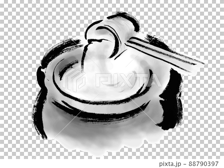 カメに入った水かお酒を掬う手描き和風イラスト モノクロのイラスト素材