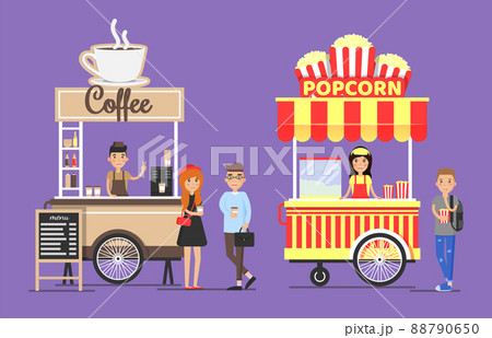 Hot Coffee and Popcorn Street Carts with Vendors 88790650