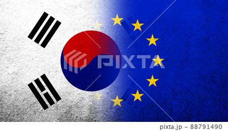 Flag of the European Union with National flag of South Korea. Grunge background 88791490