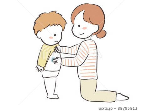 子供に保湿を塗る笑顔のお母さんのイラスト素材