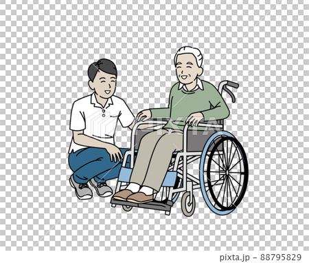 車椅子に乗る年配の男性　介護士　介護スタッフ　シニア　高齢者　息子　親子　笑顔 88795829