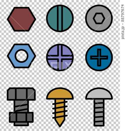 Illustration of multiple fixing bolts and screws 88797674
