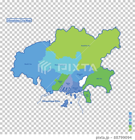 広島市行政区・広島市地図 雨の日カラーで色分けしてみた（英語版） 88799094