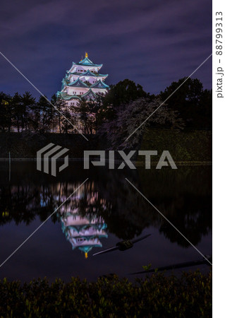 夜空にライトアップされた名古屋城と堀に反射する城の遠景 夜空にライトアップされた名古屋城と堀に反射する城の遠景 88799313
