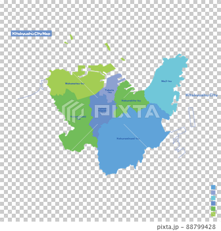 北九州市行政区・北九州市地図 雨の日カラーで色分けしてみた（英語版） 88799428