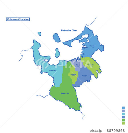 福岡市行政区・福岡市地図 雨の日カラーで色分けしてみた（英語版）の