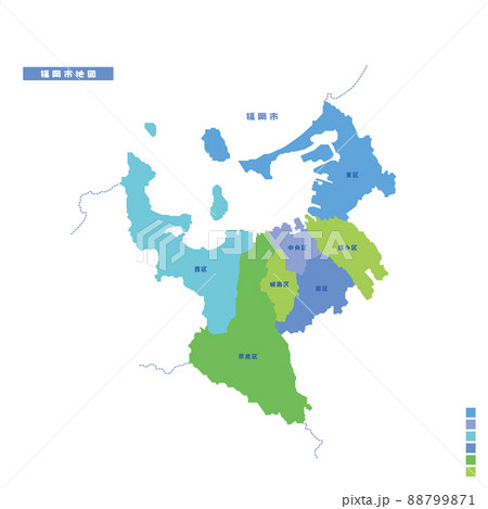 福岡市行政区 福岡市地図 雨の日カラーで色分けしてみたのイラスト素材