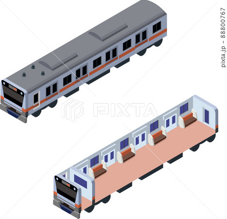 3dアイソメトリックスタイルのオレンジの電車と車内のイラスト のイラスト素材