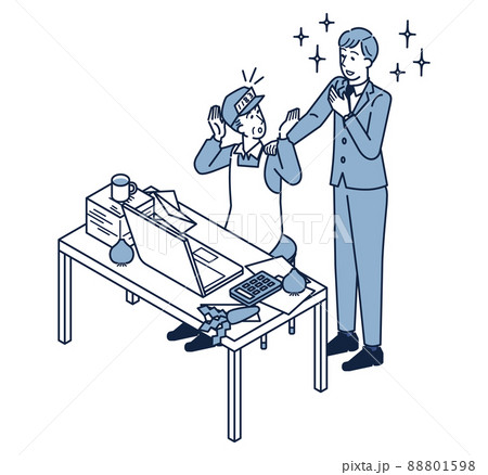 経理や事務作業に困る八百屋さんの男性 事業者 のイラスト素材