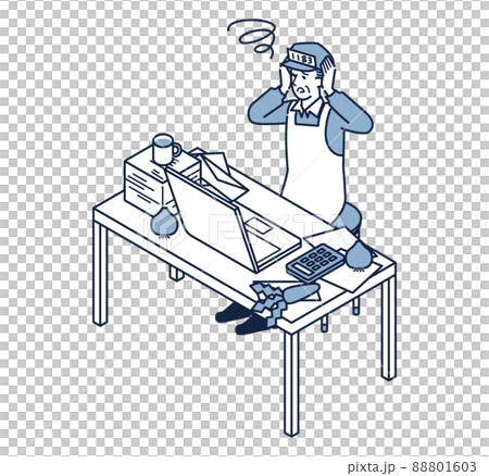 経理や事務作業に困る八百屋さんの男性 事業者 のイラスト素材