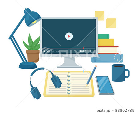 オンラインで動画を視聴しながら勉強をするイラスト. パソコンのモニターとノートとヘッドフォン. 88802739
