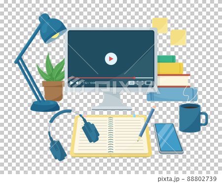 オンラインで動画を視聴しながら勉強をするイラスト. パソコンのモニターとノートとヘッドフォン. 88802739