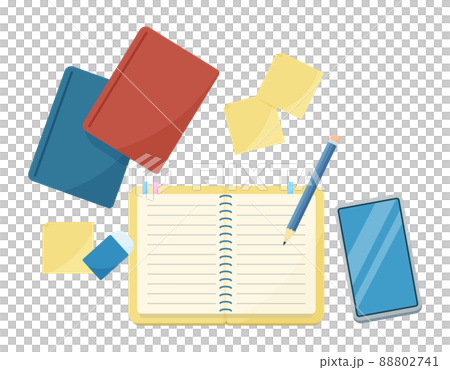 勉強や仕事をするイメージイラスト. ノートと本とスマホと筆記用具. 俯瞰の画. 白背景にベクター. 88802741