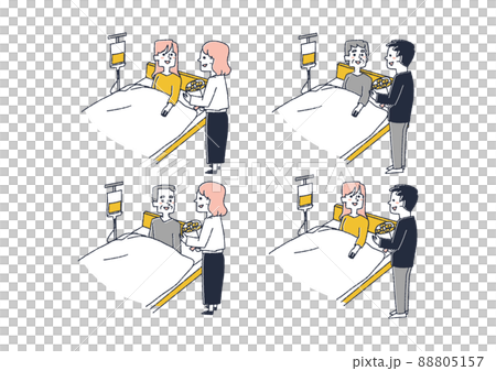 入院している患者をお見舞いしている人々のセット　コミカルな手書きの人物　ベクター、線画にカラー 88805157