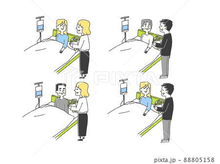 入院している患者をお見舞いしている人々のセット　コミカルな手書きの人物　ベクター、線画にカラー 88805158