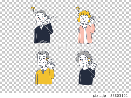 補聴器に関する人物のイラストセット　コミカルな手書きの人物　ベクター、線画にカラー 88805161