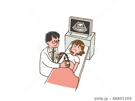 エコーで検診を受ける女性　コミカルな手書きの人物　ベクター、線画にカラー 88805169