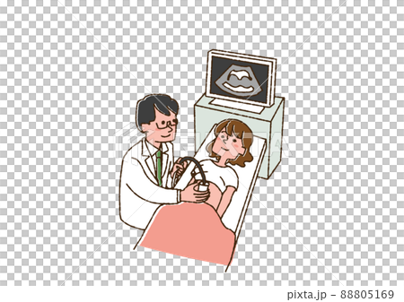 エコーで検診を受ける女性　コミカルな手書きの人物　ベクター、線画にカラー 88805169