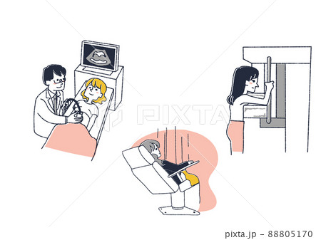 女性特有の検査のイラストセット　コミカルな手書きの人物　ベクター、線画にカラー 88805170