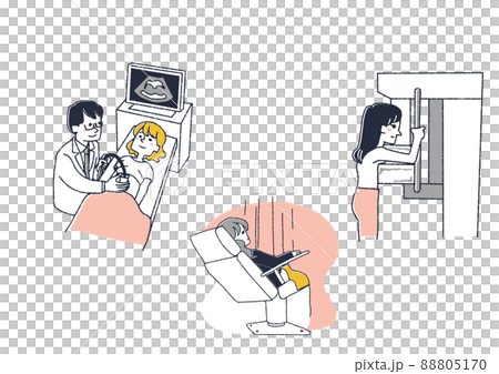 女性特有の検査のイラストセット　コミカルな手書きの人物　ベクター、線画にカラー 88805170