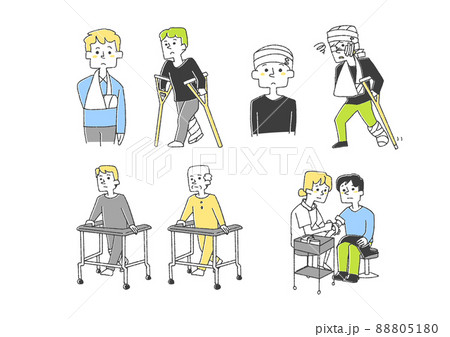 怪我に関する人物イラストセット　コミカルな手書きの人物　ベクター、線画にカラー 88805180