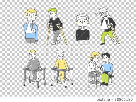 怪我に関する人物イラストセット　コミカルな手書きの人物　ベクター、線画にカラー 88805180