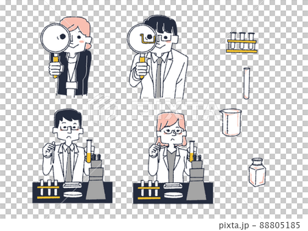 研究職に関するイラストセット　コミカルな手書きの人物　ベクター、線画にカラー 88805185