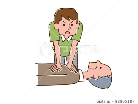 倒れた高齢男性に心臓マッサージを介護士 コミカルな手書きの人物 ベクター 線画にカラーのイラスト素材