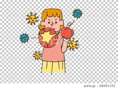一個排斥病毒的女人，一個滑稽的手寫人，一個矢量，一幅彩色線條畫 88805193