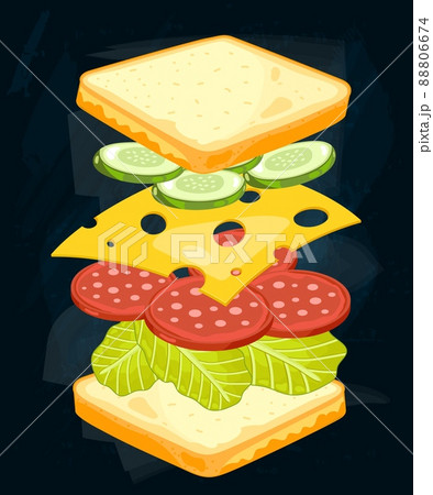 Ingredient for sandwich design isolated on black background. Sausages, cucumber, cheese, lettuce and bread nourishment 88806674
