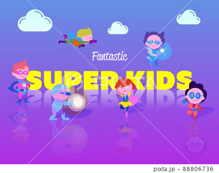 Fantastic super kids in superhero costume and mask. Fearless children wearing disguise festive outfit Fantastic super kids in superhero costume and mask. Fearless children wearing disguise festive outfit 88806736
