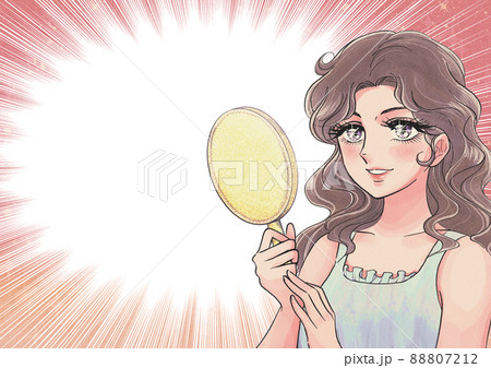 少女漫画風美容広告イラスト・鏡を持った美しく輝く女性のアイキャッチ 88807212