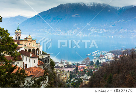 Madonna del Sasso in Orselina above city Locarno at lake Maggiore. Switzerland. Madonna del Sasso in Orselina above city Locarno at lake Maggiore. Switzerland. 88807376