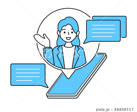 カスタマーサービスのデザインイラスト. スマートフォンで女性のオペレーターに相談, 質問, 案内. カスタマーサービスのデザインイラスト. スマートフォンで女性のオペレーターに相談, 質問, 案内. 88808557