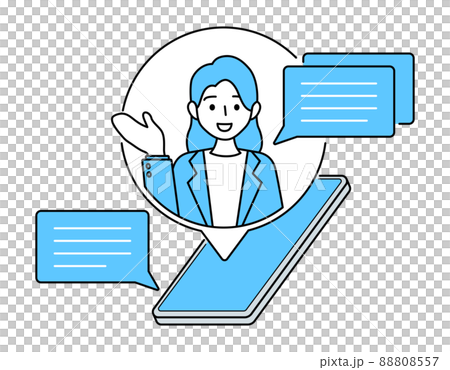 カスタマーサービスのデザインイラスト. スマートフォンで女性のオペレーターに相談, 質問, 案内. カスタマーサービスのデザインイラスト. スマートフォンで女性のオペレーターに相談, 質問, 案内. 88808557