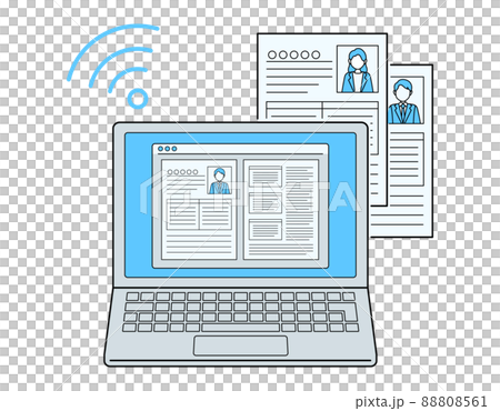 Illustration of creating and submitting a resume on a laptop computer. Online recruiting activities. Recruitment selection of personnel. 88808561