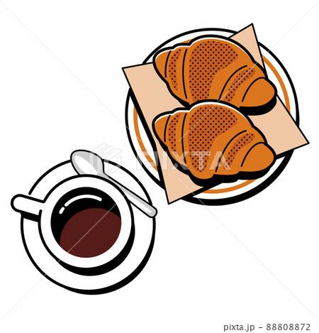 上から見たコーヒーとクロワッサンのイラスト 88808872