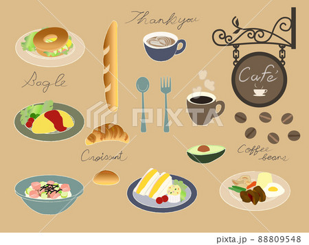 カフェのランチやパンのセットのイラスト素材 カフェのランチやパンのセットのイラスト素材